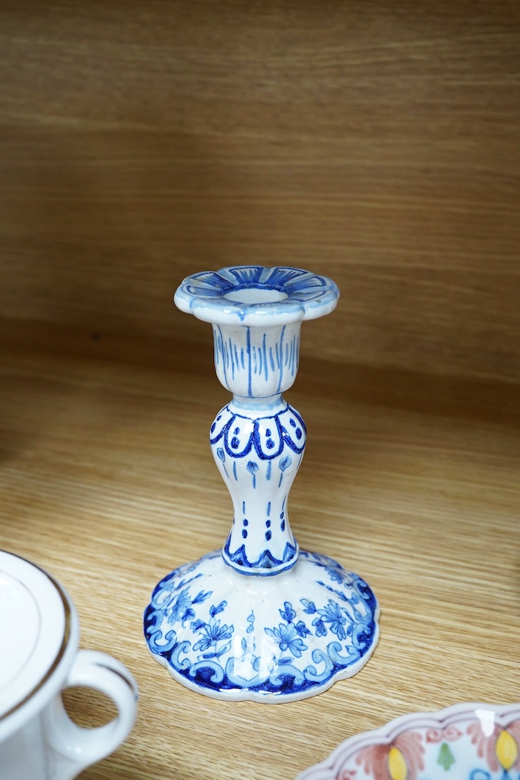 An 18th century Delft plate, two tin-glazed dishes and candlestick, a Gardener Russian porcelain tea cup and saucer, and a mug with liner, largest 22cm in diameter